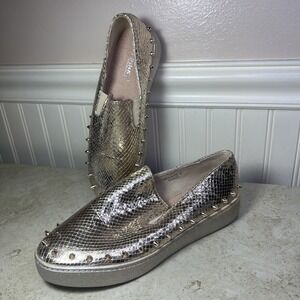 Via Pinky Metallic Gold‎ Studded Python-Print Slip-On Sneakers Size 8 Ella-26